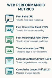 First Paint (FP) First Contentful Paint (FCP) First Meaningful Paint (FMP) Time to Interactive (TTI) Largest Contentful Paint (LCP) Cumulative Layout Shift (CLS)